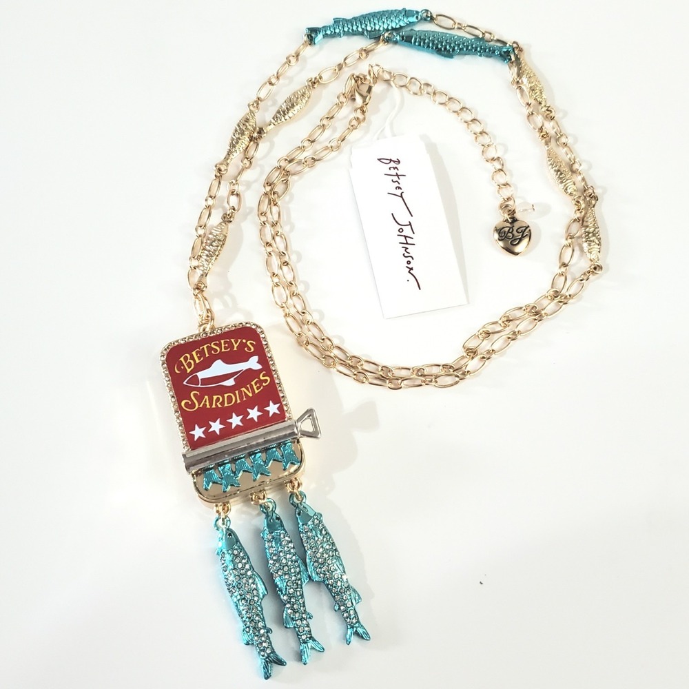 NEW Betsey Johnson Betsey's Sardines Tin Pendant Long Necklace Fish Red NWT $98